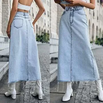 Viatabuna Denim Skirts for Women Midi Length High Waist Frayed Hem A line Long Jean Skirt with Pockets C# Light Blue