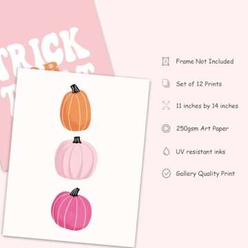 Whaline 12Pcs Halloween Wall Art Prints Cute Pink Ghost Pumpkin Boo Art Poster Trick or Treat Aesthetic Wall Decor for Gallery Living Room Bedroom (UNFRAMED 11 x 14 Inch)