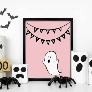 Whaline 12Pcs Halloween Wall Art Prints Cute Pink Ghost Pumpkin Boo Art Poster Trick or Treat Aesthetic Wall Decor for Gallery Living Room Bedroom (UNFRAMED 11 x 14 Inch)