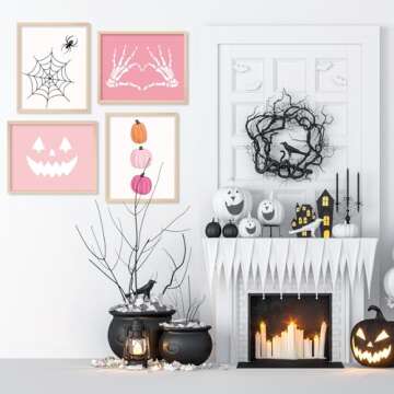 Whaline 12Pcs Halloween Wall Art Prints Cute Pink Ghost Pumpkin Boo Art Poster Trick or Treat Aesthetic Wall Decor for Gallery Living Room Bedroom (UNFRAMED 11 x 14 Inch)
