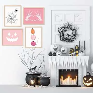 Whaline 12Pcs Halloween Wall Art Prints Cute Pink Ghost Pumpkin Boo Art Poster Trick or Treat Aesthetic Wall Decor for Gallery Living Room Bedroom (UNFRAMED 11 x 14 Inch)