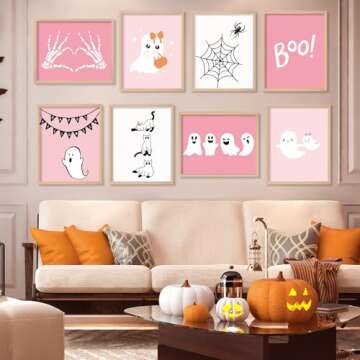 Whaline 12Pcs Halloween Wall Art Prints Cute Pink Ghost Pumpkin Boo Art Poster Trick or Treat Aesthetic Wall Decor for Gallery Living Room Bedroom (UNFRAMED 11 x 14 Inch)