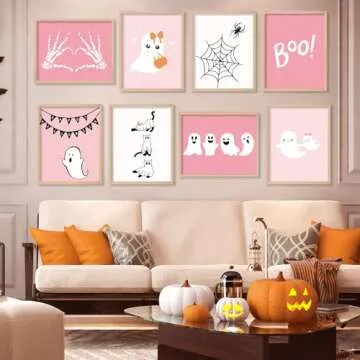 Whaline 12Pcs Halloween Wall Art Prints Cute Pink Ghost Pumpkin Boo Art Poster Trick or Treat Aesthetic Wall Decor for Gallery Living Room Bedroom (UNFRAMED 11 x 14 Inch)