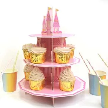 KALEFO Princess Party Supplies 3 Tier Cupcake Stand Girl Birthday Decorations Pink Castle Cake Treat Table Decor(Princess)