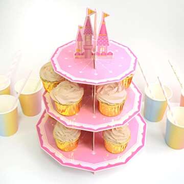 KALEFO Princess Party Supplies 3 Tier Cupcake Stand Girl Birthday Decorations Pink Castle Cake Treat Table Decor(Princess)
