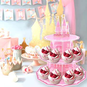 KALEFO Princess Party Supplies 3 Tier Cupcake Stand Girl Birthday Decorations Pink Castle Cake Treat Table Decor(Princess)