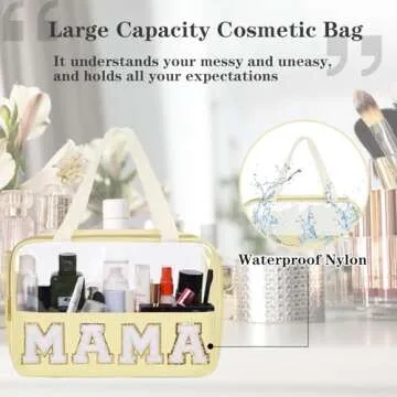 Trendy Chenille Letter Patches Clear MAMA Cosmetic Bag