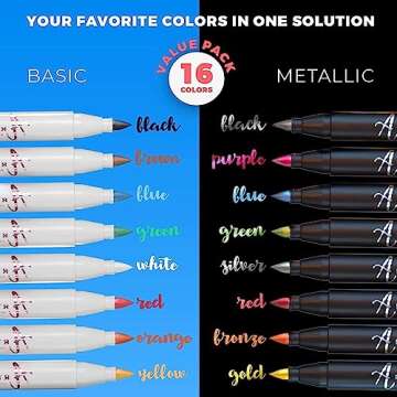 Acrylic Paint Pens Brush Tip, 8 Metallic & 8 Basic Colors Acrylic Paint Markers. Calligraphy Brush S...