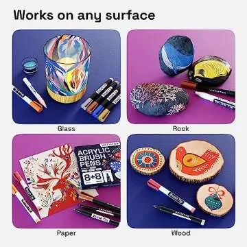 Acrylic Paint Pens Brush Tip, 8 Metallic & 8 Basic Colors Acrylic Paint Markers. Calligraphy Brush Set for Rock Painting, Scrapbooking, Sumi Brush, Lettering, Card Making, Sketching, Black Paper, DIY