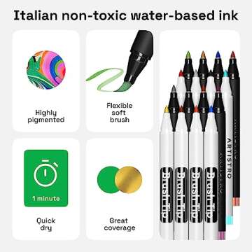 Acrylic Paint Pens Brush Tip, 8 Metallic & 8 Basic Colors Acrylic Paint Markers. Calligraphy Brush Set for Rock Painting, Scrapbooking, Sumi Brush, Lettering, Card Making, Sketching, Black Paper, DIY