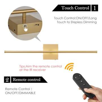 KARTOOSH Battery Operated Wall Sconces with Remote Control, Dimmable Wall Sconces Set of Two, 350°Rotate, 3000K LED Gold Wireless Wall Light for Living Room, Hallway, Bedroom, 28.3 Inch (2 Pack)