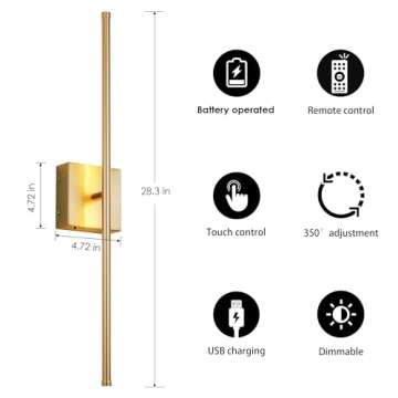 KARTOOSH Battery Operated Wall Sconces with Remote Control, Dimmable Wall Sconces Set of Two, 350°Rotate, 3000K LED Gold Wireless Wall Light for Living Room, Hallway, Bedroom, 28.3 Inch (2 Pack)