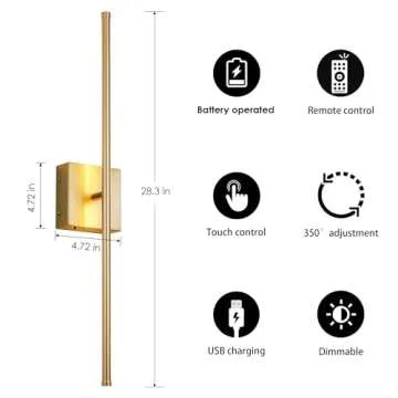 KARTOOSH Battery Operated Wall Sconces with Remote Control, Dimmable Wall Sconces Set of Two, 350°Rotate, 3000K LED Gold Wireless Wall Light for Living Room, Hallway, Bedroom, 28.3 Inch (2 Pack)