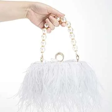 Women Real Natural Ostrich Feather Evening Bags Purses Clutch Vintage Banquet Handbag (white)
