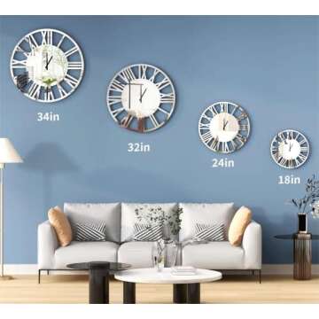 SHYFOY Mirror Wall Clocks Living Room Decor- 32" Decorative Large Kitchen Clocks Acrylic Modern Silver Wall Clock Roman Numerals 3D Frameles, Big Clock Battery Operated