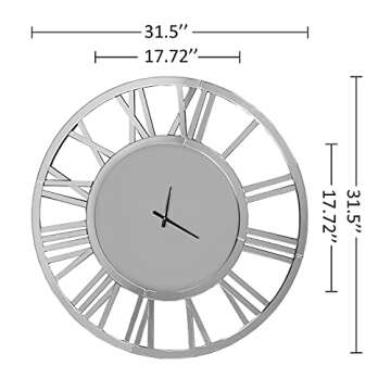 SHYFOY Mirror Wall Clocks Living Room Decor- 32" Decorative Large Kitchen Clocks Acrylic Modern Silver Wall Clock Roman Numerals 3D Frameles, Big Clock Battery Operated