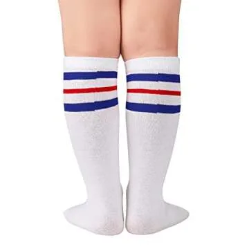 Zando Children Athletic Knee High Tube Socks Cosplay Socks for Kids Boys Girls B White w Blue w Red One Size for 3-5T