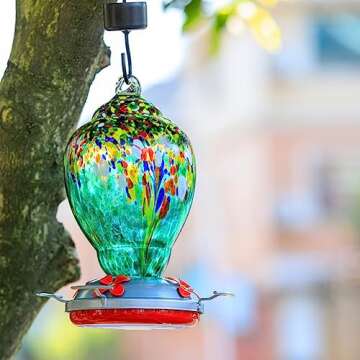 WOSIBO Hummingbird Feeder for Outdoors Patio Large 32 Ounces Colorful Hand Blown Glass Hummingbird Feeder with Ant Moat Hanging Hook, Rope, Brush and Service Card (Green)