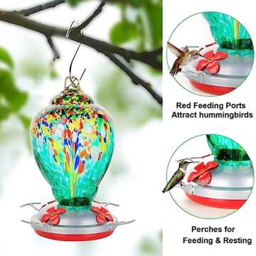 WOSIBO Hummingbird Feeder for Outdoors Patio Large 32 Ounces Colorful Hand Blown Glass Hummingbird Feeder with Ant Moat Hanging Hook, Rope, Brush and Service Card (Green)