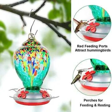 WOSIBO Hummingbird Feeder for Outdoors Patio Large 32 Ounces Colorful Hand Blown Glass Hummingbird Feeder with Ant Moat Hanging Hook, Rope, Brush and Service Card (Green)