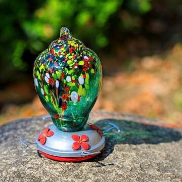 WOSIBO Hummingbird Feeder for Outdoors Patio Large 32 Ounces Colorful Hand Blown Glass Hummingbird Feeder with Ant Moat Hanging Hook, Rope, Brush and Service Card (Green)