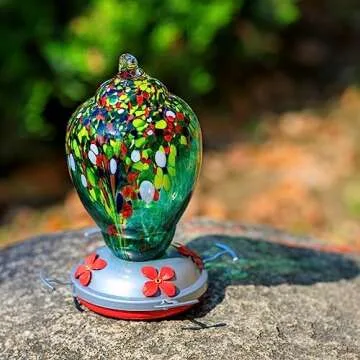 WOSIBO Hummingbird Feeder for Outdoors Patio Large 32 Ounces Colorful Hand Blown Glass Hummingbird Feeder with Ant Moat Hanging Hook, Rope, Brush and Service Card (Green)
