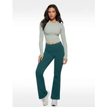 INGIA Womens Long Sleeve High Round Neck Crop Yoga Shirts Workout Slim Fit Casual Yoga Gym Tops Mineral Medium