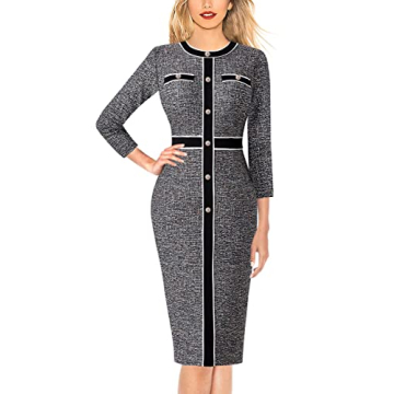 VFSHOW Women's Black Tweed Buttons Patchwork Bodycon Sheath Dress - Perfect for Office & Events