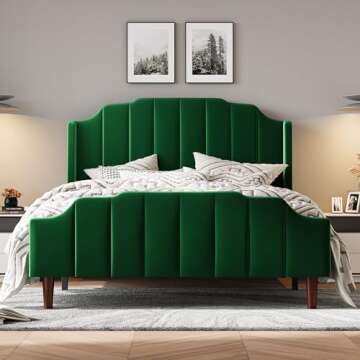 HOOMIC Queen Size Upholstered Velvet Bed Frame with Curved Vertical Wingback Headboard and Footboard, Solid Wood Slats Support, No Box Spring Needed, Easy Assembly, Green