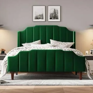HOOMIC Queen Size Upholstered Velvet Bed Frame with Curved Vertical Wingback Headboard and Footboard, Solid Wood Slats Support, No Box Spring Needed, Easy Assembly, Green