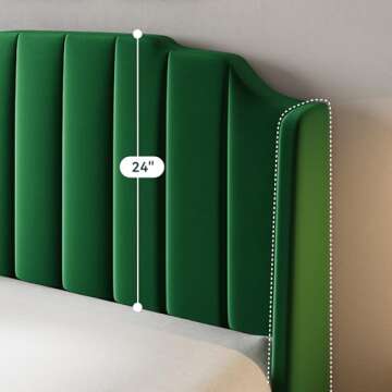 HOOMIC Queen Size Upholstered Velvet Bed Frame with Curved Vertical Wingback Headboard and Footboard, Solid Wood Slats Support, No Box Spring Needed, Easy Assembly, Green
