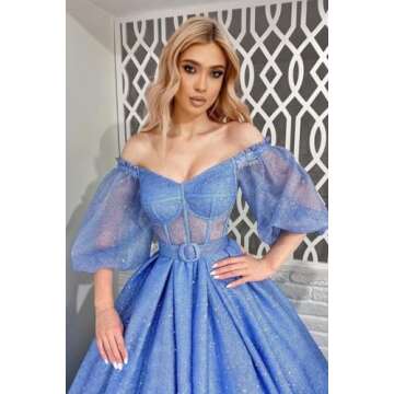 Rjer Long Sleeve Off Shoulder Prom Dresses Glitter Tulle Corset Wedding Dresses Sweetheart Formal Evening Party Gowns Teal 4