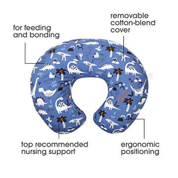 Boppy Nursing Pillow Original Support, Blue Dinosaurs, Ergonomic Nursing Essentials for Bottle and Breastfeeding, Firm Fiber Fill, with Removable Nursing Pillow Cover, Machine Washable