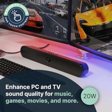 Majority Atlas Portable Bluetooth PC Soundbar | 20 Watts Powerful Stereo Sound | Portable Speaker with 8 Hours Playback | One Touch Control, USB, SD Card & AUX Playback Sound Bar for TV