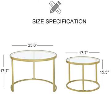 HEONITURE Gold Nesting Coffee Table Set of 2, Small Glass Nesting Tables for Living Room Bedroom, Ac...