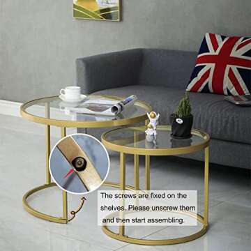 HEONITURE Gold Nesting Coffee Table Set of 2, Small Glass Nesting Tables for Living Room Bedroom, Accent Tea Table with Metal Frame
