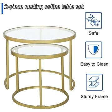 HEONITURE Gold Nesting Coffee Table Set of 2, Small Glass Nesting Tables for Living Room Bedroom, Accent Tea Table with Metal Frame