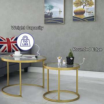 HEONITURE Gold Nesting Coffee Table Set of 2, Small Glass Nesting Tables for Living Room Bedroom, Accent Tea Table with Metal Frame