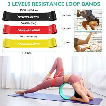 RENRANRING Yoga Wheel for Back Pain - 12 in 1 Yoga Wheel Set, Yoga Kit with Yoga Blocks 2 Pack and Strap, 3 Loop Bands, 3 Resistance Bands,Perfect Yoga Equipment for Relieves Strain to Muscles (Blue)