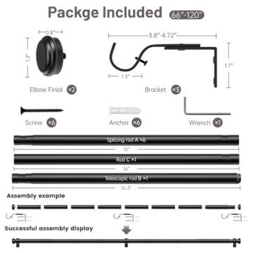 Zeerobee Curtain Rods for Windows 66 to 120, 1 Inch Black Heavy Duty Adjustable Drapery Rods, Modern Indoor/Outdoor Curtain Pole for Bedroom, Living Room, Patio, Farmhouse, 32"-120"