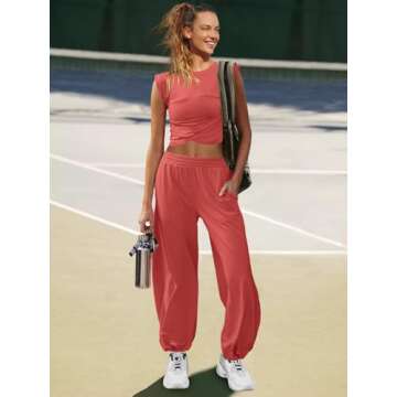 LAMISSCHE Womens Loungewear Set 2 Piece Outfits Sets Cropped Tops and Wide Leg Pants with Pockets Tracksuit(Coral,S)