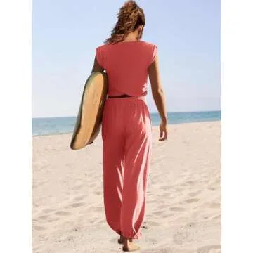 LAMISSCHE Womens Loungewear Set 2 Piece Outfits Sets Cropped Tops and Wide Leg Pants with Pockets Tracksuit(Coral,S)