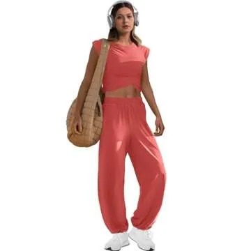 LAMISSCHE Womens Loungewear Set 2 Piece Outfits Sets Cropped Tops and Wide Leg Pants with Pockets Tracksuit(Coral,S)