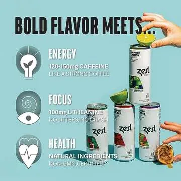 Zest Plant Powered Natural Energy Sparkling Drink - Variety-Pack - 150mg Caffeine + 100 mg L-Theanine - 12oz Can, 12 Pack - Low Sugar, 60 Calories, Healthy Coffee Substitute, Non GMO High Caff Blend