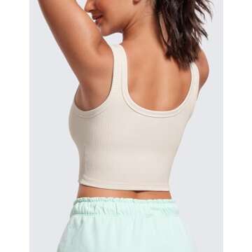 CRZ YOGA Womens Ribbed Longline Sports Bra - U Neck Padded Yoga Cami Workout Crop Tank Top Built in Pads White Apricot Small