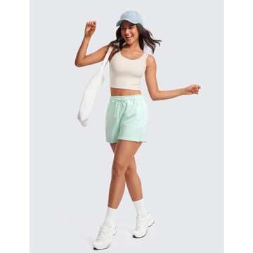 CRZ YOGA Womens Ribbed Longline Sports Bra - U Neck Padded Yoga Cami Workout Crop Tank Top Built in Pads White Apricot Small