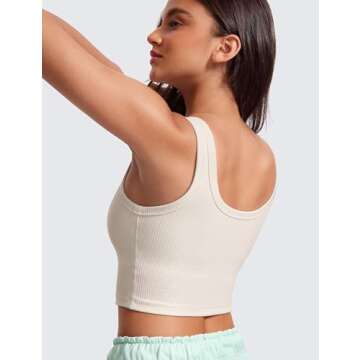 CRZ YOGA Womens Ribbed Longline Sports Bra - U Neck Padded Yoga Cami Workout Crop Tank Top Built in Pads White Apricot Small