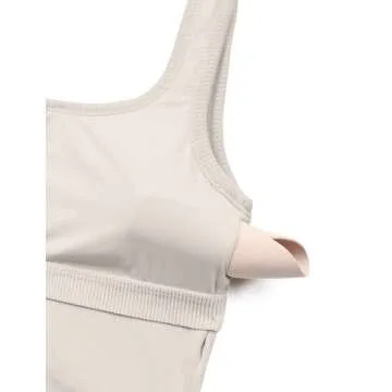 CRZ YOGA Womens Ribbed Longline Sports Bra - U Neck Padded Yoga Cami Workout Crop Tank Top Built in Pads White Apricot Small