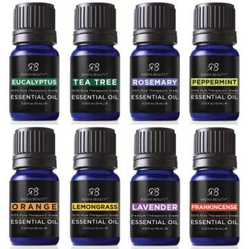Essential Oil Set - Aromatherapy for Diffusers, Massage. Candle Making, Soaps, Bath Bombs. Top 8-10mL Oils: Lavender, Peppermint, Lemongrass, Tea Tree, Orange, Eucalyptus, Rosemary and Frankincense.