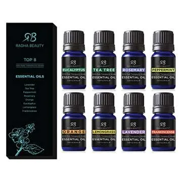 Essential Oil Set - Aromatherapy for Diffusers, Massage. Candle Making, Soaps, Bath Bombs. Top 8-10mL Oils: Lavender, Peppermint, Lemongrass, Tea Tree, Orange, Eucalyptus, Rosemary and Frankincense.